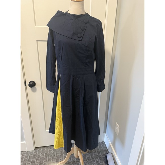 EShakti Navy Blue Black Colorblock 3/4 Sleeve A-Line Dress Large 14 Blue Line - Picture 2 of 5